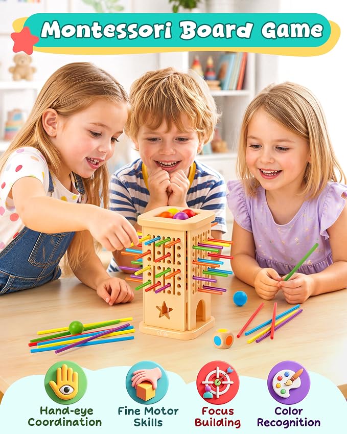 Montessori Board Game for Kids 4-6, Wooden Colorful Sticks Ball Drop Games | Color Matching Educational Toy for 3 4 5 6 Year Olds, Fine Motor Skills, Family Travel Game, Birthday Gift for Boys & Girls