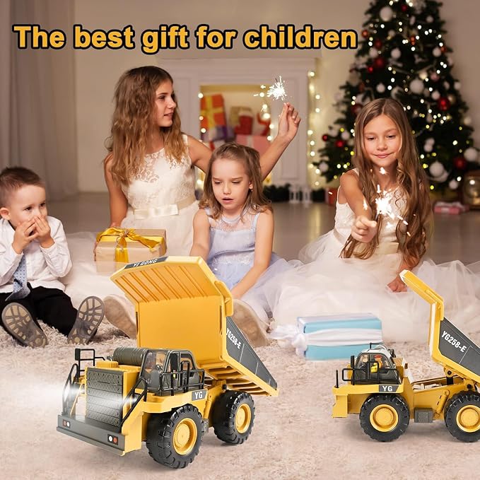 KidsFaves RC Dump Truck, 9CH Remote Control Dump Truck with Metal Dump Bed, 45° Lifting & 360° Rotation, 2 Batteries, Lights & Sounds, Construction Toy for Boys Age 3+