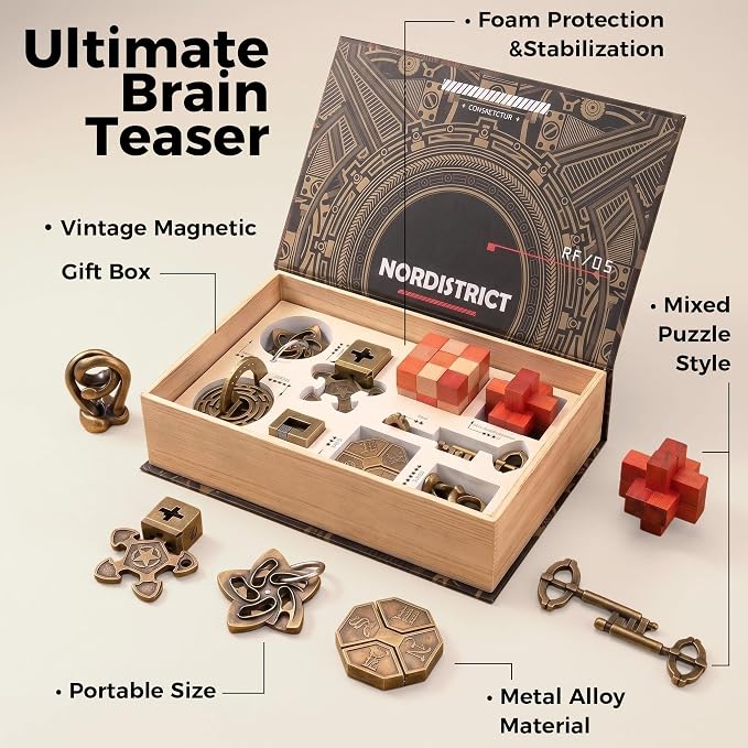 9PCS Metal Brain Teaser Puzzle Set, 3D Disentanglement Interlocking IQ Brain Puzzles for Adults & Teens, Fidget Desk Toy, Stress Relief Gift for Birthday, Christmas, Holiday & Family Party