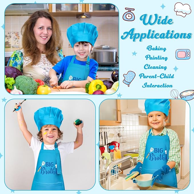 R HORSE Kids Apron and Chef Hat Set - 2Pcs Blue Big Brother Adjustable Children Kitchen Apron, Dress up Role Play Chef Toy Cooking Baking Painting and Training Kit for Boys Funny Cooking Birthday Gift