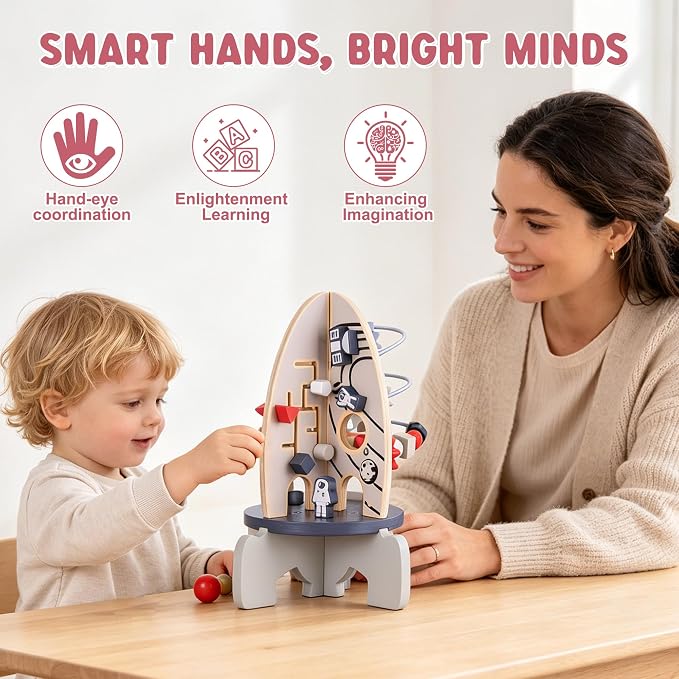 Wdmiya Space Wood Activity Cube Toy for Baby, Montessoritoys for 1 Year Old | Boy & Girl Birthday Gifts, Sensory and Educational 1st Birthday Gifts, Busy Board Toys for Baby Boy 6-18 Months (Rocket)