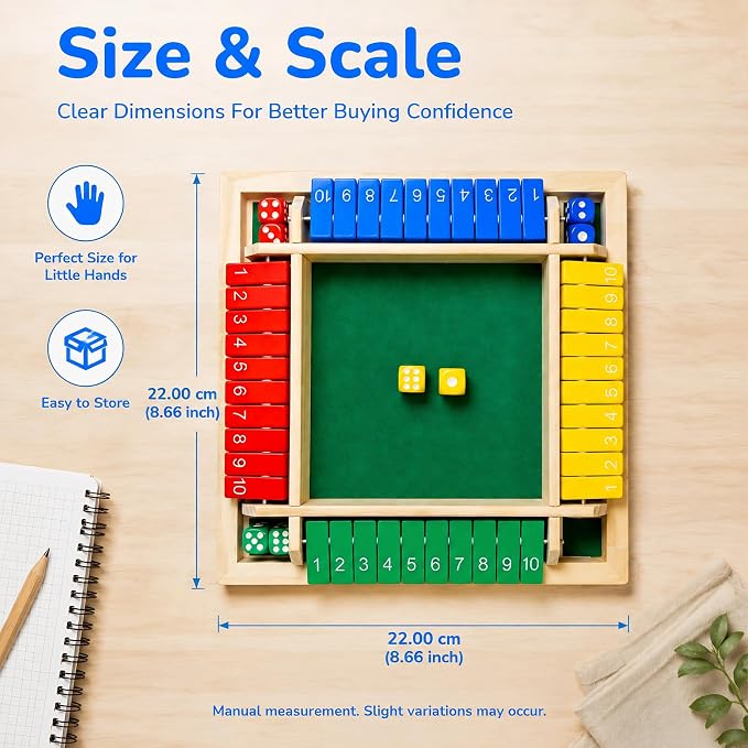 Shut The Box Math Board Game Wooden Dice Toy for 1-4 Players Kids Adults | Montessori STEM Education, Fine Motor Skills, Hand Eye Coordination, Preschool Development, Family Night, Camping Activity