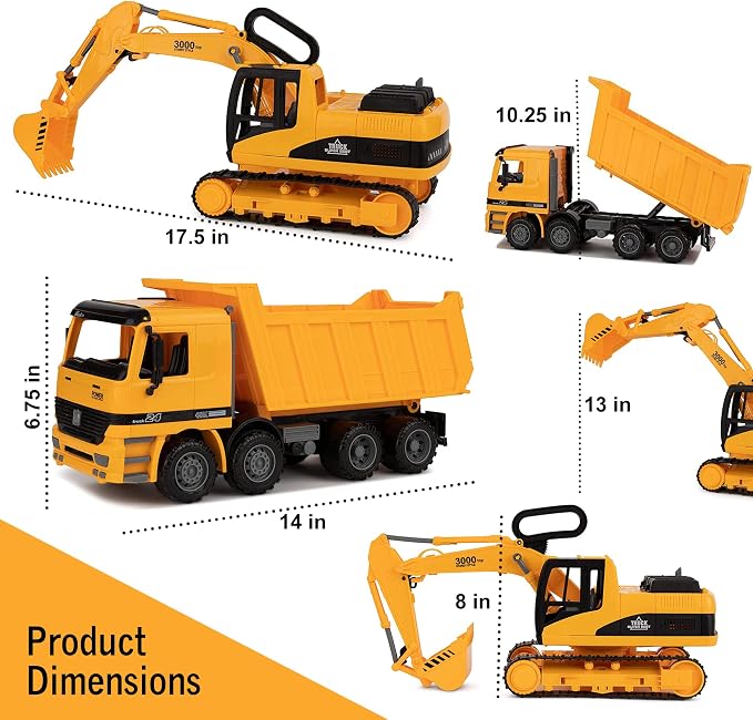 Toy To Enjoy Construction Toys - Excavator & Dump Truck Toy for Kids (Set of 2) – Moveable Claw & Lifting Back – Garbage Truck & Bulldozer Digger – Construction Vehicles for Boys & Kids
