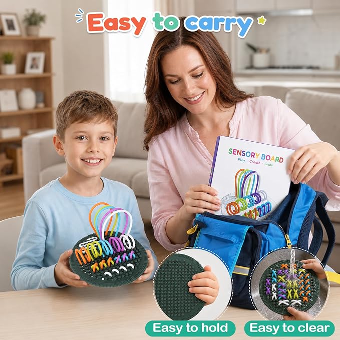 Sensory Activity Board, Silicone Fine Motor Skills Fidget Toys for Kids | Silicone Sensory Toys for Calming, Stress, Anxiety, ADHD & Autism Fidget Pads Includes Portable Travel Bag & 25 Strings