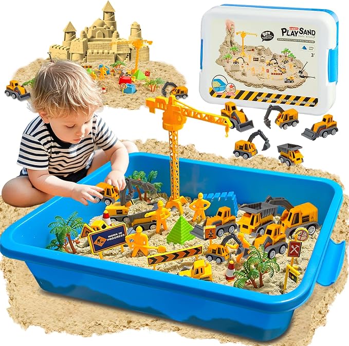 Construction Sensory Sand Kit for Kids 3-8, Sand Bin Sensory Toys | Non-toxic Magic Sand & Construction Tools, STEM Montessori Sensory Toys for Kids, Christmas & Birthday Gifts for Boys Girls
