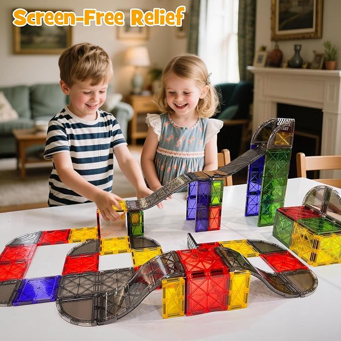 WMXDU Magnetic Road Track Set, 2-in-1 Playset with Curved Tiles | From Ramp Racing to Road Layouts, All in One Set, Unlock More Ways to Build & Play, Last for Kids 3-8
