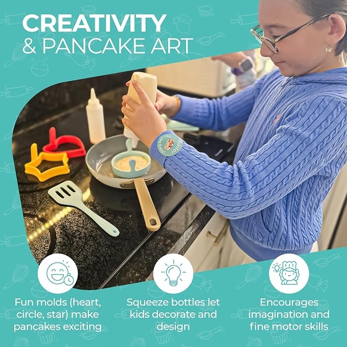 Kids Pancake Making Kit | Learn to Cook Breakfast | Ages 5-12 | Breakfast Making Kit | Pancake Molds Batter Squeeze Bottle | Family Fun DIY | Visual Recipes | Birthday Christmas Gift