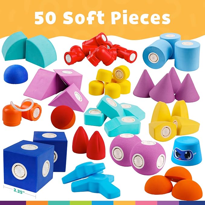 Blockaroo Magnetic Foam Building Blocks 50-Piece Trunk Set for Toddlers | Soft Magnetic Foam Blocks, 360-Degree Rotation, Storage Trunk, Floating Bath Toy, Sensory Play, Dishwasher Safe, Ages 3-5