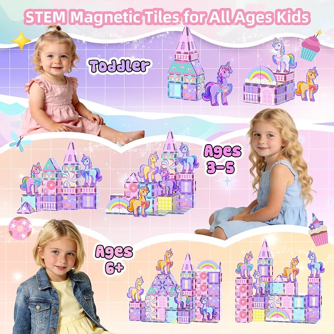 GobiDex 100PCS Unicorn Magnetic Tiles with 6 Unicorns | Princess Castle Unicorn Toys for Girls Age 4-6, STEM Magnetic Blocks Building Toys for 3 4 5 6 Year Old Girl Birthday Gifts