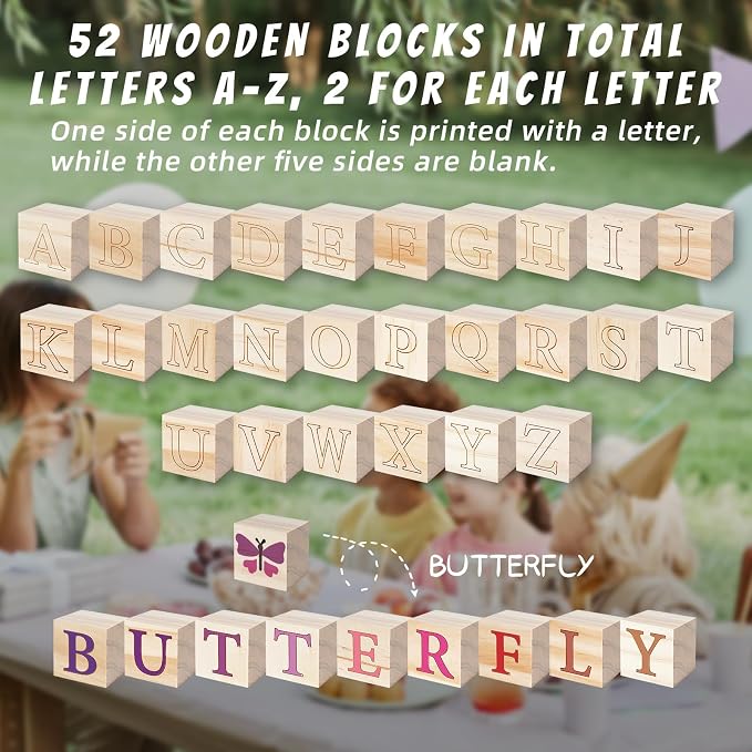 117 Pcs Baby Shower Blocks to Decorate Game Kit Includes 52 Wooden Blocks 24 Markers 1 Game Sign 40 Templates to Paint (Flower)