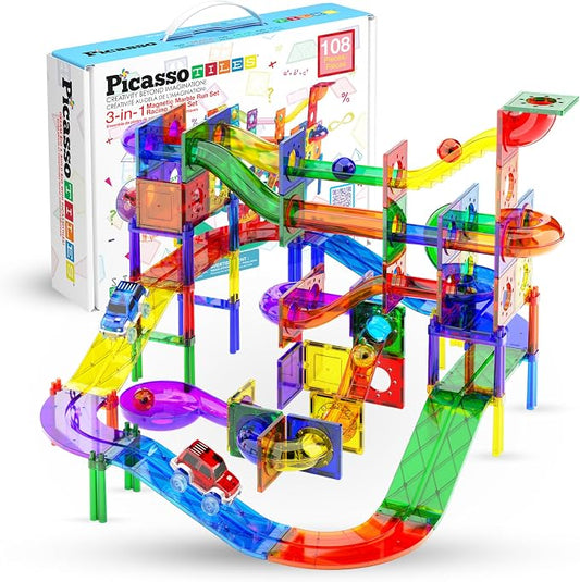 PicassoTiles 108 Piece Marble Run Race Track Set with LED Cars STEM Ages 3+ | 2 Light-Up Vehicles, 4 Magnetic Marbles, BPA-Free, Expandable Collection, Fine Motor Skills,Problem-Solving Screen-Free Toy