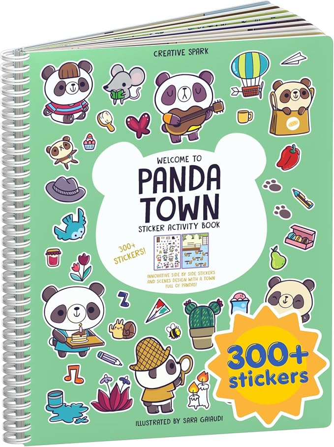 Cupkin Panda Coloring & Sticker Activity Book | 300+ Stickers | Spiral-bound kids craft format with 8 scenes, 8 art pages, side-by-side viewing, and an easy-peel design for ages 2–8