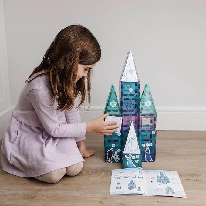 Tytan Toys Disney Frozen Magnetic Tiles Princess Castle - 68-Piece STEAM Building Set with Glitter Tiles & Elsa, Anna, Olaf Stickers - Educational Frozen Toys for Girls Age 3-4+