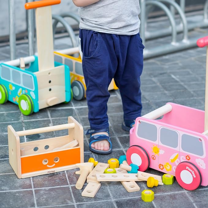 PlanToys Wooden Transforming Robot Tool Box with Wrench, Nuts & Bolts, Wooden Planks, and Shapes| Sustainably Made from Rubberwood and Non-Toxic Paints and Dyes | hammer, wrench, screwdriver, kids tool set, girls, boys, fine motor problem solving imagi...