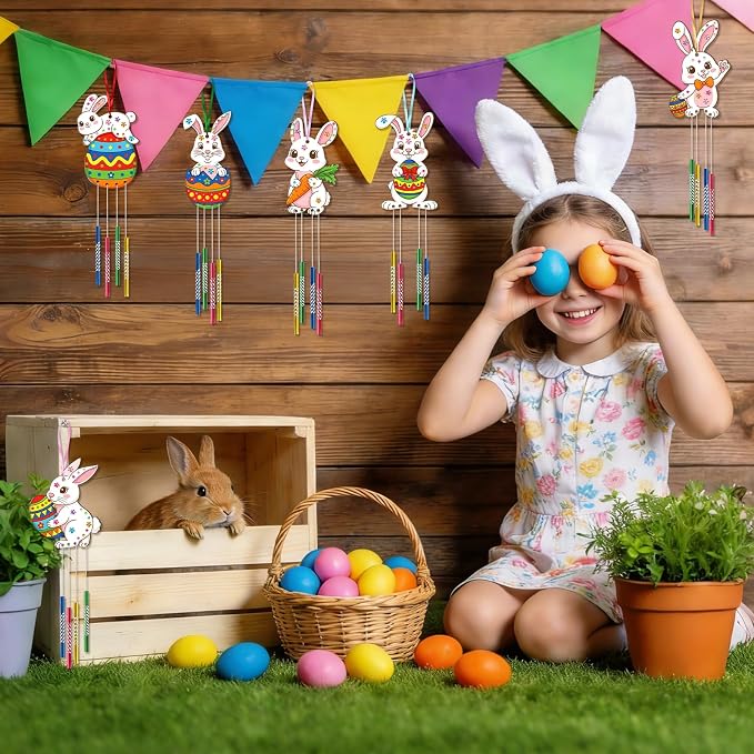 Wooden Easter Bunny Wind Chime Kits Make Your Own Easter Crafts for Kid Coloring DIY Easter Rabbit Wind Chime for Spring Party School Classroom Hanging Decoration Supplies Birthday Favor 6 Pack