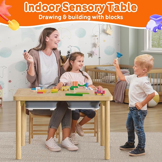 FUNLIO Foldable Wooden Sensory Table with 2 Bins & 1 Foldable Chair for Toddlers, Kids Sensory Table with Anti-Warping Plywood Lid, Indoor/Outdoor Play Sand and Water Set, CPC Certified