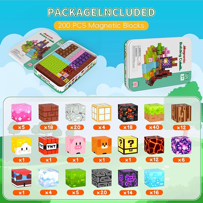 200PCS Magnetic Blocks Magnet Building Cubes Birthday Gifts for Kids | 0.8in Magnetic Cubes, STEM Learning Magnet Toy, Building Toys for Kids Ages 3+, Christmas Holiday Gifts for Boys and Girls