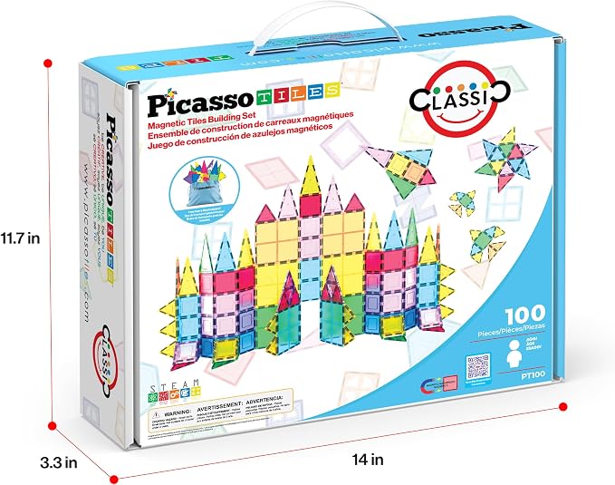 PicassoTiles 100 Piece Magnetic Tiles, Clear 3D Building Blocks for Kids 3+ | No-limit scalable builds, hands-on magnet polarity fun, family group play, quick assemble & store, shape & color recognition