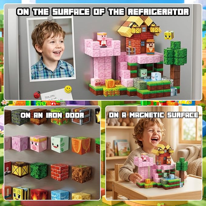 Magnetic Building Blocks STEM Toy Magnet Cubes for Kids 4-12 | Magnetic Cubes, 0.8 inches Building Blocks, Christmas Birthday Gifts for Kids Boys Girls Forest Pig Red Build-220pcs