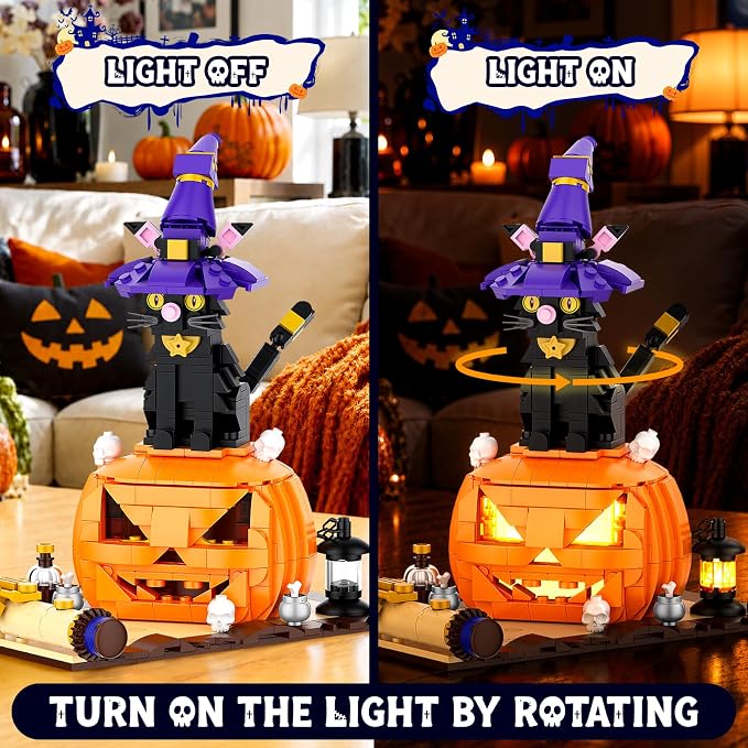 Halloween Pumpkin Witch Black Cat Building Set with Light for Kids | Cute Magic Cat with Pumpkin & Witch Hat Model Home Decor, Halloween Christmas Gift For Adults, Boys & Girls 6+, 577PCS