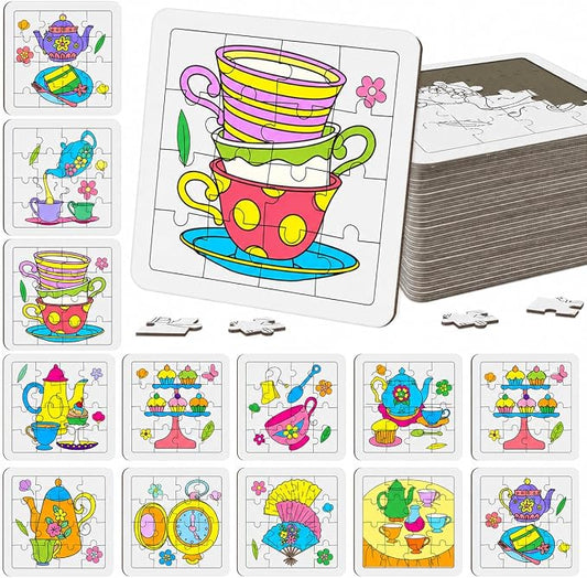 Cinrobiye 24 Pcs Tea Party Coloring Jigsaw Craft Kit for Kids, DIY Floral Teapot Activity Set Bulk with 12 Designs, Afternoon Tea Birthday Favors, Classroom Art Projects