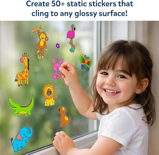 Skillmatics Color Clingz – Animals, Reusable Static Stickers, Travel Toys | 50+ DIY Stickers, 10 Paint Markers, Mess-Free, Window Art & Craft Kit, Gifts for Toddlers, Boys & Girls Ages 3, 4, 5, 6, 7