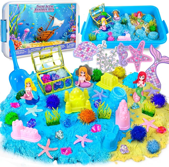 YongnKids Sensory Bin Sandbox Mermaid Toys with Magic Sand for Girls Kids | Play Sand Toy Sensory Bin Pretend Play Beach Toy with Sand & Castle Mold,Great Christmas Birthday Gift for Girl Boys Age 3+