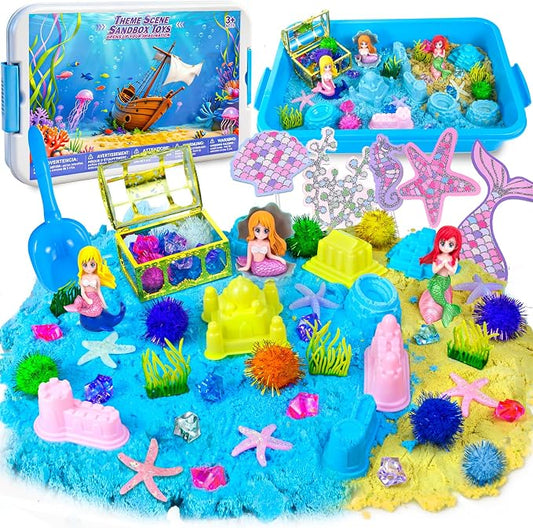 YongnKids Sensory Bin Sandbox Mermaid Toys with Magic Sand for Girls Kids | Play Sand Toy Sensory Bin Pretend Play Beach Toy with Sand & Castle Mold,Great Christmas Birthday Gift for Girl Boys Age 3+