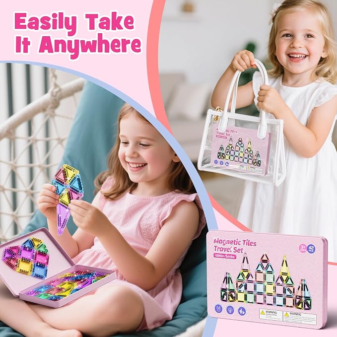 WMXDU 42-Piece Glitter Magnetic Tiles Travel Set with Pink Metal Box - Portable STEM Building Blocks for Kids Ages 3-8 Boys & Girls STEM Montessori Educational Toys for Airplane Car Rides