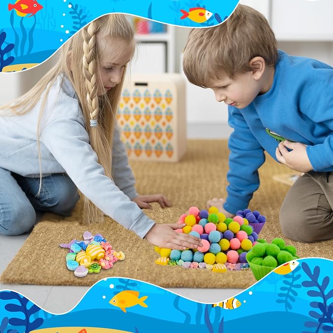 185pcs Summer Ocean Animal Sensory Bin Filler Fine Motor Toys Ocean Animals Sensory Bin Items Resin Crab, Starfish, Sea Snail, Pearl Shell Pom Poms for Preschool Education Counting Sorting