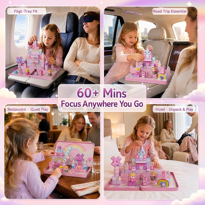 Unicorn Magnetic Cubes for Travel: 100 PCS Castle Princess Playset | Magnet Building Blocks Toys with Tin Storage Case - 60 Min Quiet Car & Airplane Activity Game for Girls Toddlers Ages 3-8
