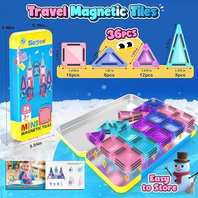Mini Magnetic Tiles Kids Toys Travel Essential Games STEM Educational Toys | Magnetic Building Blocks for Age 3-5 5-7 4-8, Boys Girls Christmas Birthday Gifts, Portable Creativity Boosting Sensory Toys