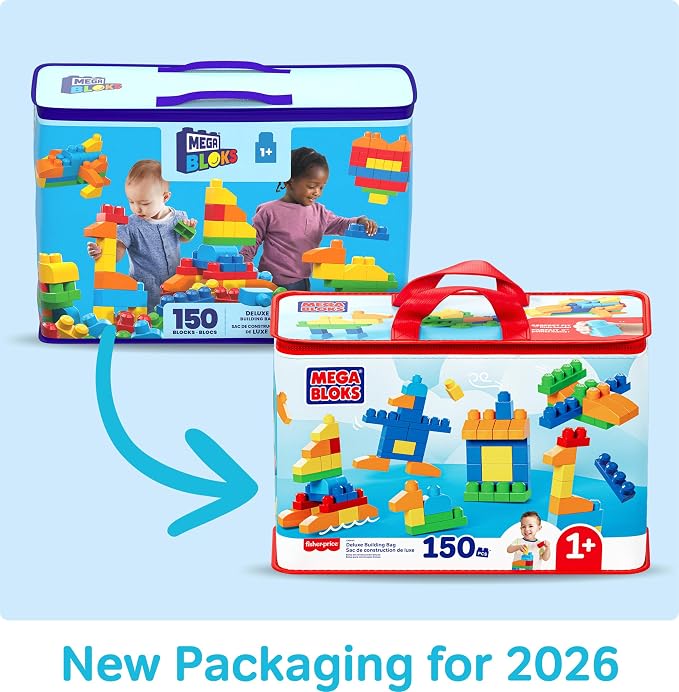 MEGA BLOKS First Builders Deluxe Building Bag Toddler Block Toys Set, Red | 150 Pieces, Storage, Creative Open-Ended Play, Preschool Kids Ages 1+ Years, Easy to Build (Amazon Exclusive)