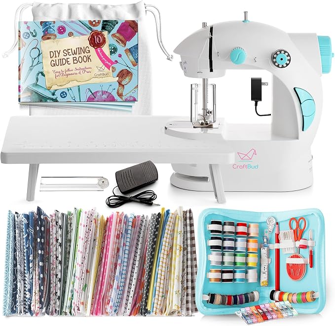 CraftBud Mini Sewing Machine for Beginners, Adults and Kids Sewing Machine | 122-Piece Sewing Kit Accessories, Portable, Dual Speed, Extension Table, Foot Pedal, Built-in Light, Guide Book & More, White