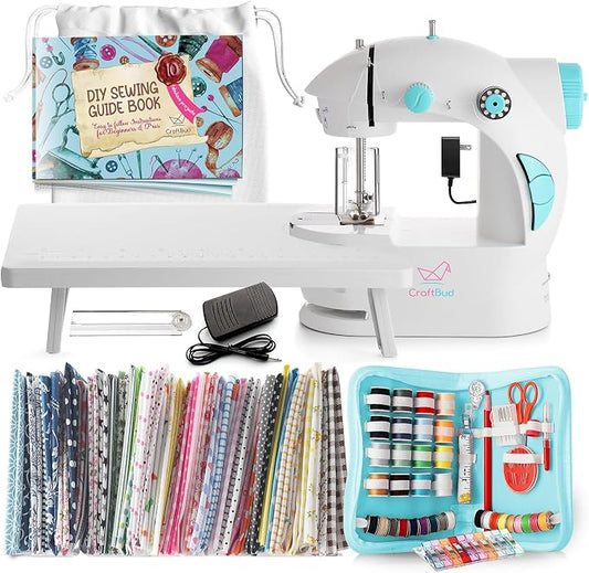 CraftBud Mini Sewing Machine for Beginners, Adults and Kids Sewing Machine | 122-Piece Sewing Kit Accessories, Portable, Dual Speed, Extension Table, Foot Pedal, Built-in Light, Guide Book & More, White