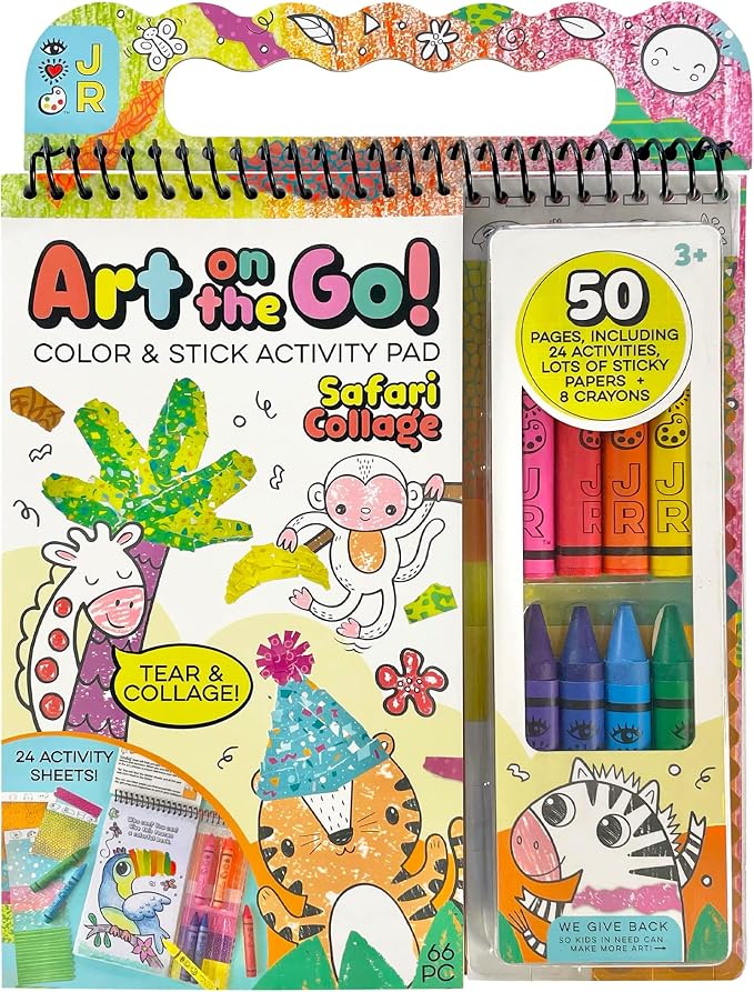 Bright Stripes Art on the Go Collage Fun Jungle Theme Travel Kit, Ages 3+ | Mess-free tear-and-paste play with crayons, stickers, picture book, portable design fits toddlers and preschool age well