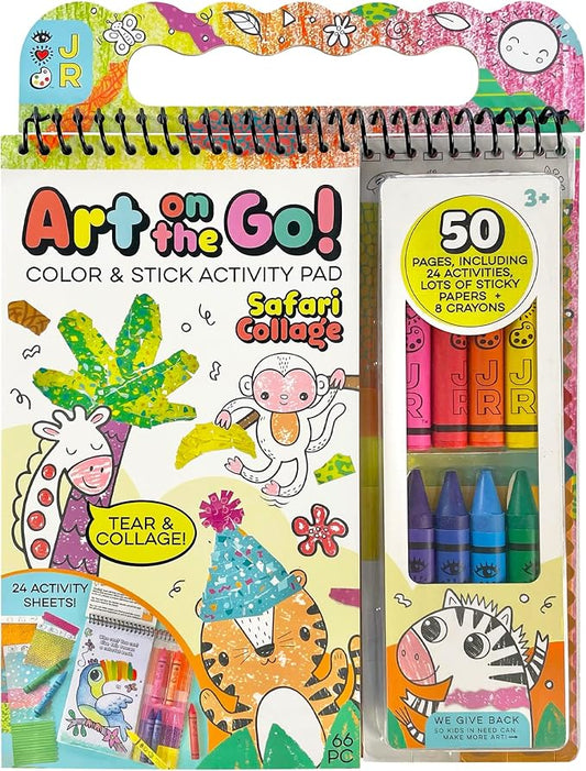 Bright Stripes Art on the Go Collage Fun Jungle Theme Travel Kit, Ages 3+ | Mess-free tear-and-paste play with crayons, stickers, picture book, portable design fits toddlers and preschool age well