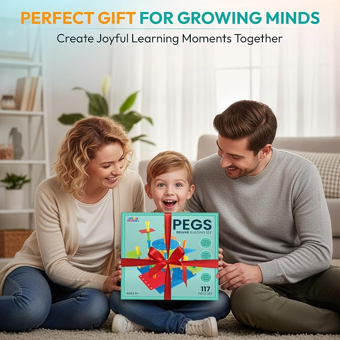 Play Build Kids Peg Board Building Set 117 Pieces - STEM Construction with Colorful Pegs & Shapes, Fine Motor Skills Learning Toy, Montessori Toddler Building Toys for Boys & Girls Age 3+