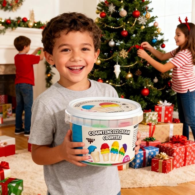 NEOROD Ice Cream Toys for Toddlers 1-5, Montessori Counting Manipulatives | 6 Cones & 42 Scoops Math Color Sorting Set, Fine Motor Stacking Game with Storage Container, Safe Rubber Sensory Play