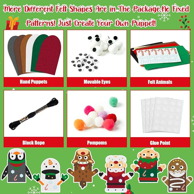 WATINC Hand Puppet Making Kit, Felt Sock Puppet Toys for Kids (Christmas) | 6 Styles, Make Your Own Storytelling & Role Play Crafts, Creative Group Activity, Party Favors & Gifts for Kids Ages 4-8