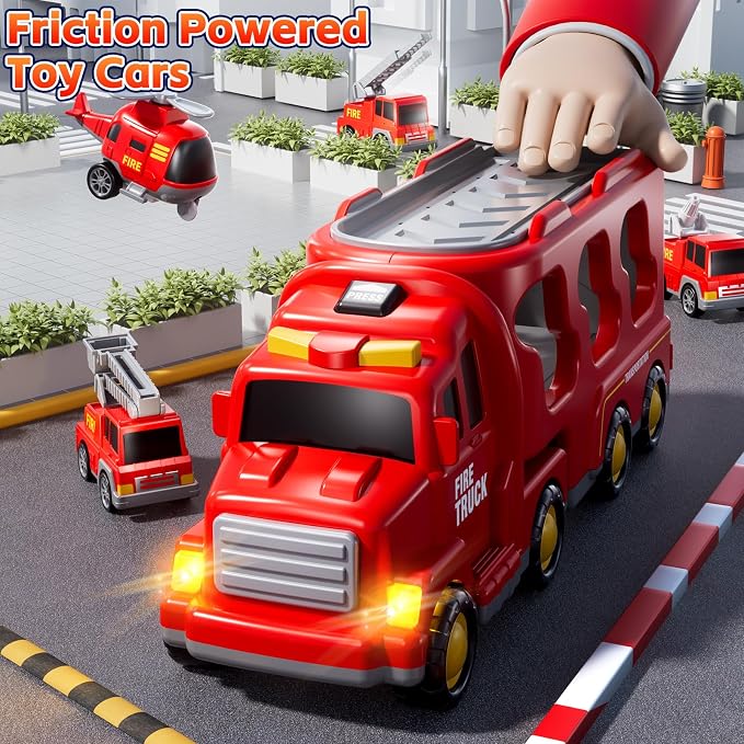 Fire Truck Toys for Toddler 3-5, 5-in-1 Fire Car Carrier | Vehicle Set for Boys Girls 3 4 5 6 Years Old, Transport Car with Light Sound, Birthdays Gifts for Kids Girls Aged 3-9