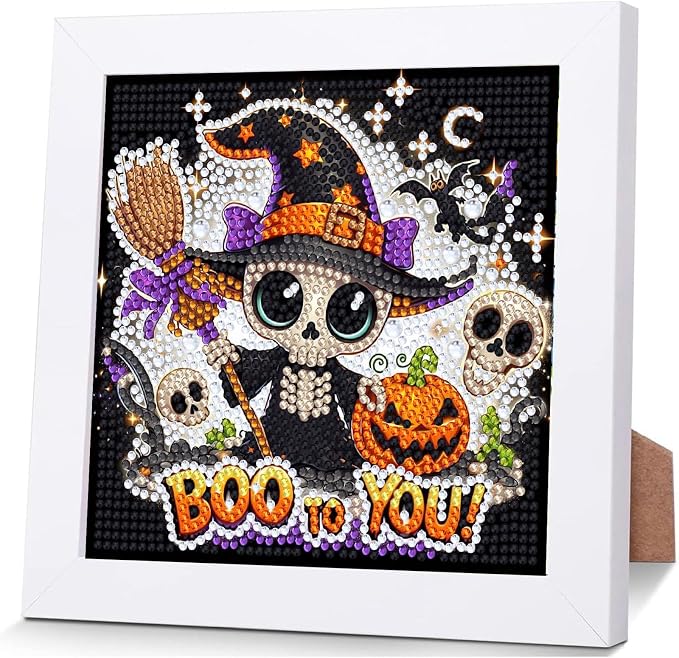 Gemozaic Halloween Diamond Art Kit for Kids Ages 6-8-12 with Frame, 7x7 in | Cute Skeleton Diamond Art for Kids 10 Year Old, DIY Big Gem Arts and Crafts for Boys and Girls Birthday Gift, Home Wall Decor