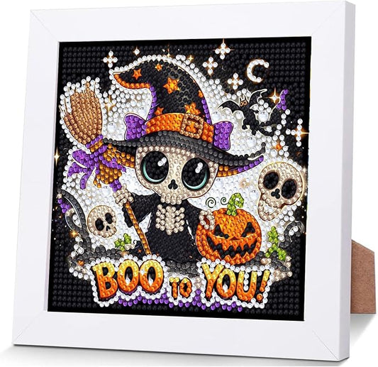 Gemozaic Halloween Diamond Art Kit for Kids Ages 6-8-12 with Frame, 7x7 in | Cute Skeleton Diamond Art for Kids 10 Year Old, DIY Big Gem Arts and Crafts for Boys and Girls Birthday Gift, Home Wall Decor