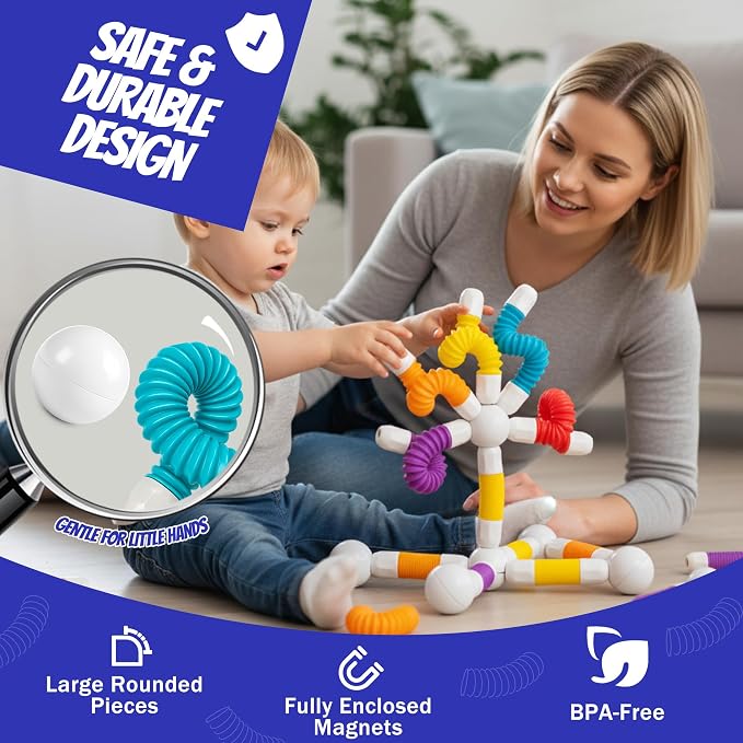 Magnetic Building Sticks for Toddlers 1-3, Flexible STEM Construction Toy | Montessori-Inspired Sensory Play, Soft Flexible Magnets, Creative Building Kit for Boys and Girls Ages 3-6