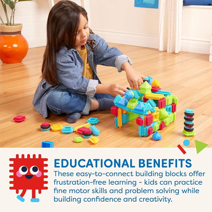 Battat Bristle Blocks Basic Builder Set, 112-Piece Building Blocks, Playset | Interlocking building blocks with soft bristles, assorted sizes and colors, plus 8 wheels for motion play, Playset, 2+ Years