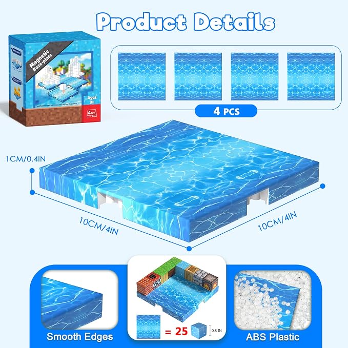 4PCS 4" x 4" Magnetic Building Block Base Plates for Kids, Strong Grip Magnetic blocks Base Compatible with Most Popular Magnetic Blocks & Cubes, STEM Educational Toys for Boys Girls Ages 3+ (Water）
