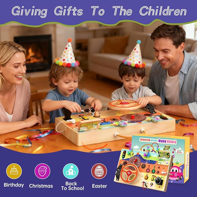 flycoost Busy Board Montessori Toys for Toddlers 1-3 with Steering Wheel | Wooden Lights Driving Activity Board Sensory Montessori Busy Board for 1+ Year Old, Toddler Learning & Travel Toy