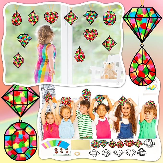 Qyeahkj 36 Set Jewel Suncatchers Crafts for Kids DIY Diamond Window Tissue Paper Craft Kit Jewel Hanging Decor for Summer School Home Activity Art Project Birthday Party Favor Gift