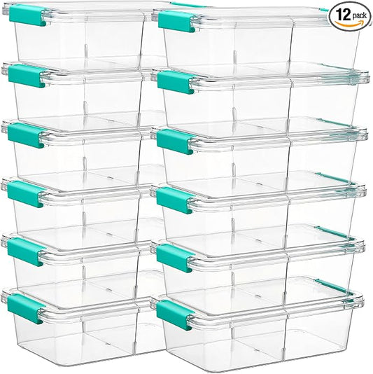 Vtopmart 1.5Qt Stackable Clear Pencil Box with Removable Divider, 12 Pack | Storage Containers for Pens, Pencils, Crayons,Craft, Sticker and Office Supplies, BPA-Free PET Plastic,Secure Side Latches