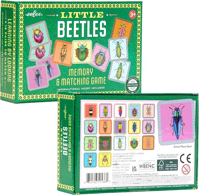 eeBoo Little Beetles Memory & Matching Game, Ages 3+, 1-4 Players | Introduces beetle species & vocabulary. Sharpens recognition, concentration & memory skills. Includes 36 tiles, 18 pairs
